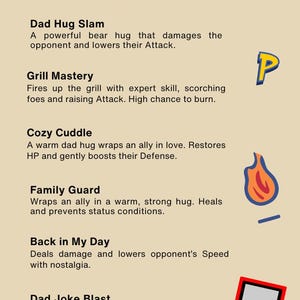 Pode incluir: Um gr&aacute;fico bege com o texto "EXEMPLOS DE MOVIMENTOS/ATAQUES" e descri&ccedil;&otilde;es de ataques como "Dad Hug Slam" e "Grill Mastery". Inclui um console de jogos port&aacute;til vermelho e outros gr&aacute;ficos.