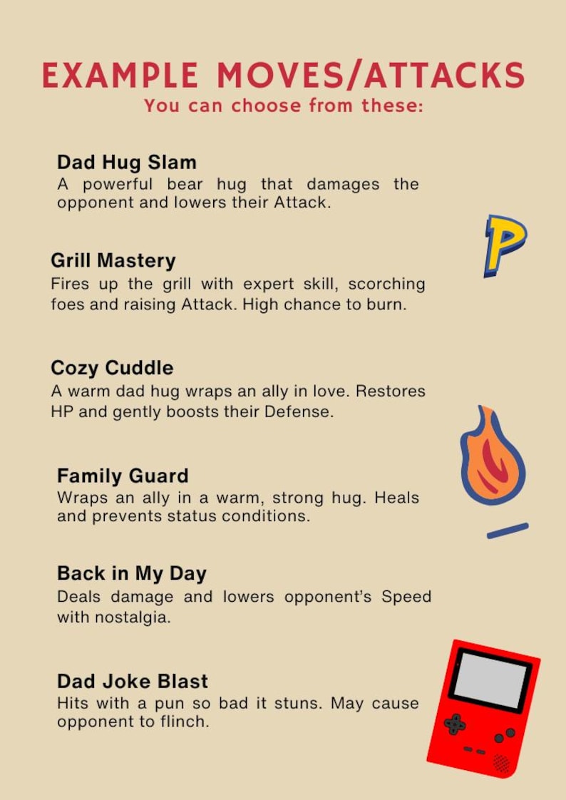 Pode incluir: Um gr&aacute;fico bege com o texto "EXEMPLOS DE MOVIMENTOS/ATAQUES" e descri&ccedil;&otilde;es de ataques como "Dad Hug Slam" e "Grill Mastery". Inclui um console de jogos port&aacute;til vermelho e outros gr&aacute;ficos.