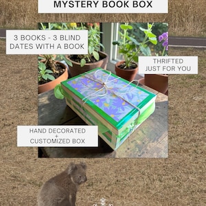 Puede incluir: Una caja de libros misteriosa decorada a mano con un diseño floral, atada con hilo. La caja contiene 3 libros, descritos como 'citas a ciegas con un libro'. La caja está etiquetada como 'Thrifted Just For You' y 'Hand Decorated + Customized Box'.