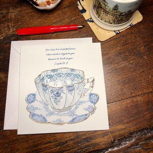 Blauwe theekop | Mooi en vintage | Aquarel bijbeltekst | Christelijke kaart | Aanmoediging | Bedankkaart | Jesaja 26:3 | Sympathiekaart