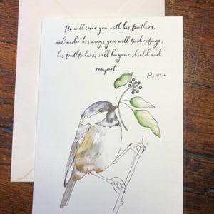 Carte de voeux chrétienne : vers de la bible aquarelle mésange charbonnière
