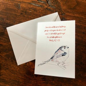 Carte de vœux Verset biblique aquarelle mésange à longue queue
