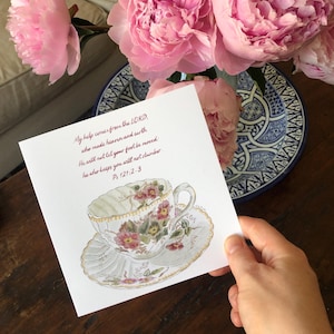 Theekop rozen | Mooi en vintage | Aquarel bijbeltekst | Christelijke kaart | Aanmoediging | Bedankkaart | Psalm 121:2-3 | Sympathiekaart