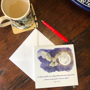 Kerkuil aquarel bijbelvers christelijke wenskaart | 1 Korintiërs 1:18 | Feestkaart | Verjaardagskaart