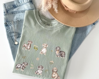 Dachshund cottagecore t shirt, dachshund shirt, long haired dachshund, dachshund mom, dachshund gift, doxie, cottage core, botanical shirt