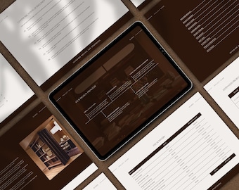 May include: A tablet displaying an interior design fee proposal, surrounded by printed documents. The tablet screen shows a design process diagram. The documents feature text such as "Communication Guidelines" and "Table of Contents". The color scheme is brown and white.
