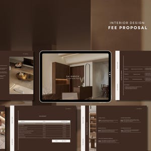 May include: A digital tablet displays an interior design fee proposal. The text "Interior Design Fee Proposal" is at the top. The tablet shows interior design images and the "SA GRACE" logo. The background is a gradient of brown.