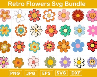 Retro Flowers Svg, Flower Clipart, Daisy Flower Cut File,Boho Flower Svg,Flower Svg Bundle,Floral Png, Svg Files For Cricut,Instant Download