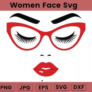 Peut inclure: Une illustration en noir et blanc d'un visage de femme aux yeux fermés, portant des lunettes rouges et des lèvres rouges.