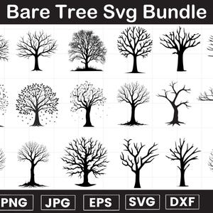 May include: A bundle of 18 black and white silhouette images of bare trees. The images are in a grid format with the text "Bare Tree Svg Bundle" at the top. The text "PNG JPG EPS SVG DXF" is at the bottom of the image.