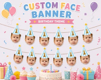 Guirnalda personalizada con cara de sombrero para el primer cumpleaños importante, fiesta de sombreros pastel, banderín personalizado con cara de sombrero, pancarta de cumpleaños con foto