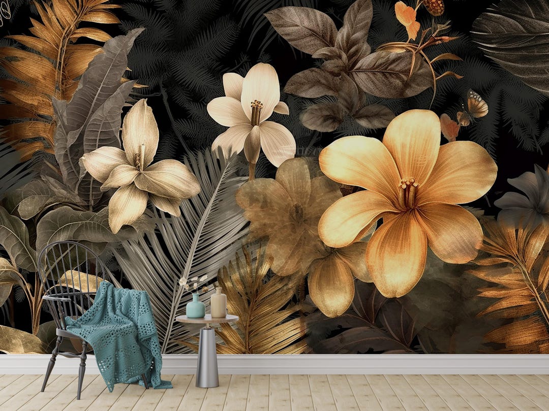 Dark Tropical Floral Wallpaper – Golden Beige Flowers on Black ...