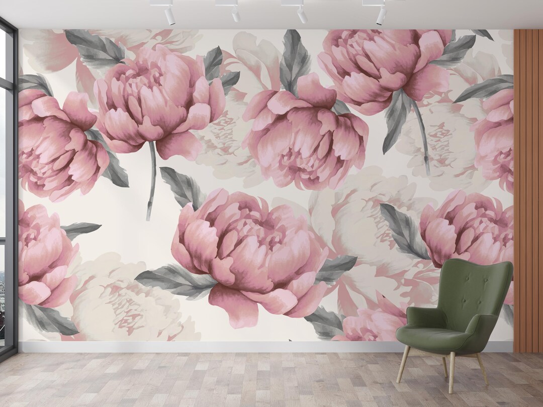 Blush Pink Peony Wallpaper – Romantic Floral Wall Mural, Vintage Flower ...