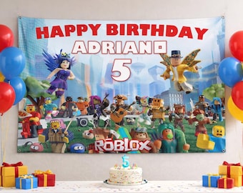 Banner de cumpleaños personalizado de Roblox, fondo de fiesta personalizado con nombre y edad, decoración de cumpleaños infantil, banner con temática de Roblox