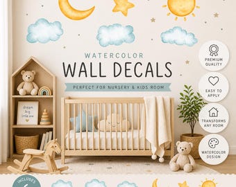 Vinilos decorativos de acuarela para la habitación del bebé, pegatinas de pared de sol, luna y nubes, decoración para la habitación infantil, vinilos de tela removibles y reutilizables, decoración para la habitación del bebé.