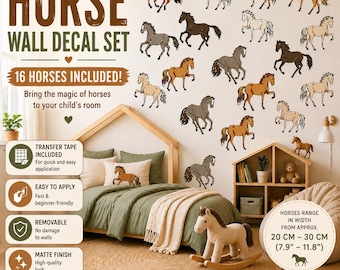 Juego de vinilos decorativos de caballos para pared, 16 pegatinas de caballos, decoración para habitación infantil, vinilos para guardería, arte mural de animales de granja, autoadhesivos.
