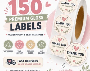 150 etiquetas en rollo, brillantes, resistentes a la intemperie, con tu logotipo personalizado. Etiquetas comerciales personalizadas.