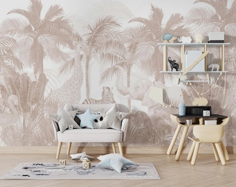 Carta da parati safari neutra - Carta da parati murale con animali della giungla beige, staccabile e attaccabile o testurizzata