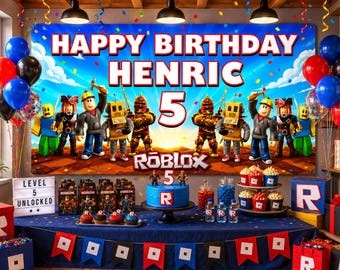Banner de cumpleaños personalizado de Roblox, fondo de fiesta personalizado con nombre y edad, decoración de cumpleaños infantil, banner temático de Roblox código:12