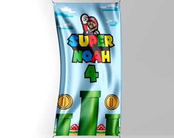 Banner de vinilo personalizado para fondo de fiesta de Super Mario con nombre. Código: 005