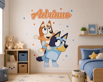 Vinilo decorativo de pared personalizado con el nombre Bluey para habitación infantil, pegatina con letra personalizada, temática de cachorro de dibujos animados, decoración de pared para guardería fácil de pegar (cod008-1)