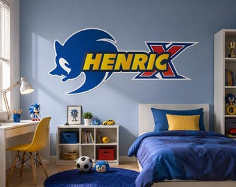 Vinilo decorativo de pared personalizado con nombre inspirado en Sonic / Adhesivo de pared personalizado para habitación infantil / Decoración infantil con temática de videojuegos / Arte de pared para dormitorio