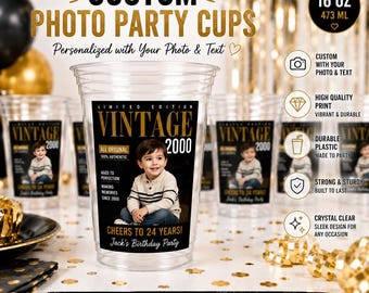 Vasos con foto personalizados de 16 oz, vasos de plástico personalizados con texto para fiestas, eventos, cumpleaños, suministros, decoraciones, vintage, año de estreno, foto de cara.