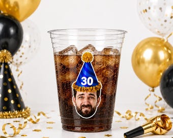 Vasos personalizados con foto y rostro de 473 ml (16 oz). Vasos de plástico personalizados con texto para fiestas, eventos, cumpleaños y decoraciones. Diseño vintage. Año de fundación.