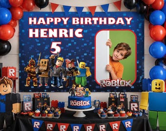 Banner de cumpleaños personalizado con foto de Roblox, fondo de fiesta personalizado con nombre y edad, decoración de cumpleaños infantil, banner de fotos con temática de Roblox código:10