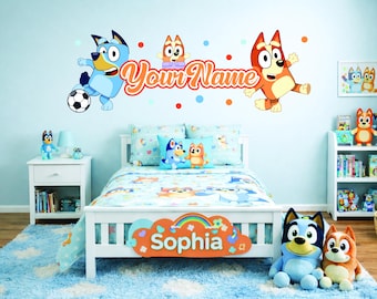 Bluey Personalisierter Name Wandaufkleber für Kinderzimmer, kundenspezifischer Buchstabe Aufkleber, Karikaturwelpen-Thema, Schälen und Kleben-Kinderzimmer-Wand-Dekor