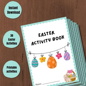 Può includere: Un libro di attività pasquali con una copertina bianca con la scritta "Easter Activity Book" e illustrazioni di uova e fiori pasquali. Il libro include 30 attività pasquali ed è disponibile per il download immediato.