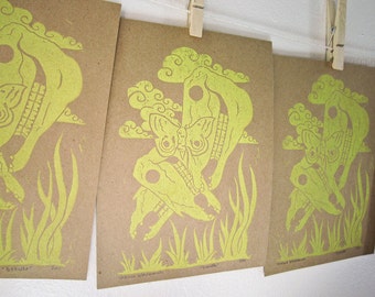 3 Skulls -- Original Linocut Print