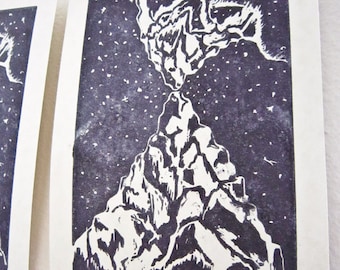 Vision Mountains Original Linocut Print -- 5x7