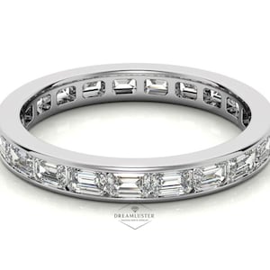 White Gold Diamond Eternity Band Lab Grown Baguette and Round Cut Wedding Ring Dainty Stackable Band for Her