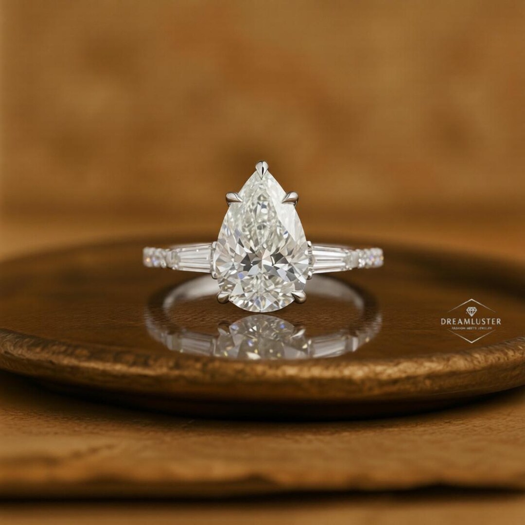Pear Cut Engagement Ring – Solitaire Diamond With Baguette Side Stones ...