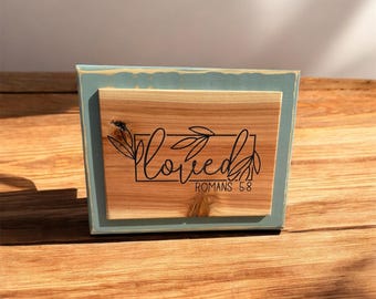 Loved Romans 5:8 Wooden Shelf Sign – Rustic Farmhouse Bible Verse Home Décor, Christian Gift