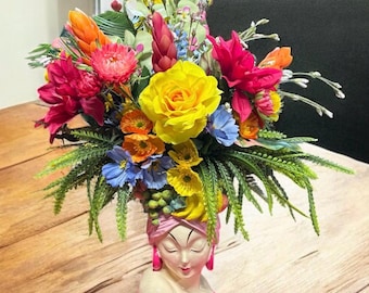Tropical Lady Head Vase with Colorful Faux Flower Arrangement – 27” Statement Centerpiece, Vintage Glam Home Décor