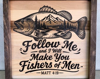 Follow Me Fishers of Men Wood Sign | Matthew 4:19 Wall Decor | Rustic Christian Fishing Sign | Farmhouse Cabin Decor