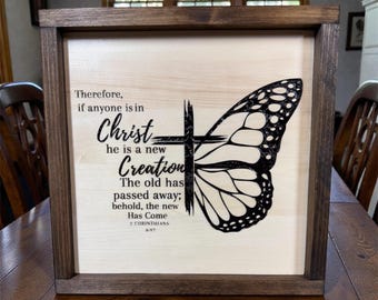 Butterfly & Cross Solid Wood Wall Art "New Creation" — 12x12 — Christian Home Decor, Scripture Sign, Faith-Inspired Gift