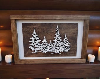 Snowy Pine Forest Wall Art | Handcrafted Wood Wall Decor – Rustic Winter Cabin Sign
