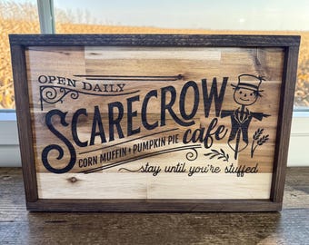 Scarecrow Café Fall Wood Sign, Rustic Farmhouse Harvest Décor, Thanksgiving Kitchen Wall Art, Framed Wooden Sign, 20.5 x 13.5