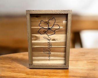 Blessed Wooden Wall & Shelf Sign – 13” x 9” – Rustic Farmhouse Floral Home Décor