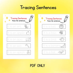 Esercizio di tracciamento delle frasi / Esercizio di scrittura a mano / Attività di apprendimento stampabile per bambini
