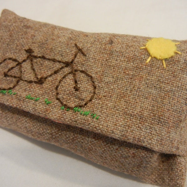Tissue Pack Cover - Pocket Tisue Holder - Embroidered Bicycle Tissue Case - Handmade Tissue Case