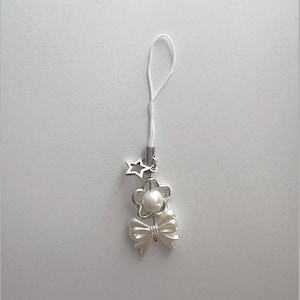 Handmade Dainty Flowers w/Bow Y2k Kpop Phone Charm Keychain Lanyard Imitation Pearl, Silver and White Small Cute Kawaii Gift Accessory