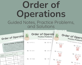 May include: A teal-colored educational poster titled "Algebra 1 Made Simple Order of Operations" with guided notes, practice problems, and solutions. Several worksheets with math problems are visible, including examples of the order of operations.