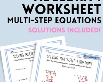 Algebra 1 Worksheet Multi-Step Equations Solutions Included!