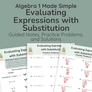 Op de afbeelding: Algebra 1-studiegids met de titel "Uitdrukkingen evalueren met substitutie". De gids bevat oefenopgaven, begeleide aantekeningen en oplossingen. De pagina's zijn wit met zwarte tekst en plantenillustraties.