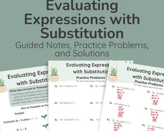 May include: Algebra 1 study guide with the title "Evaluating Expressions with Substitution." The guide includes practice problems, guided notes, and solutions. The pages are white with black text and feature small plant illustrations.