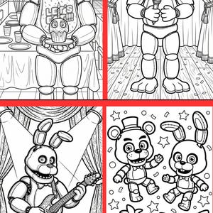 May include: Black and white line art featuring characters from the video game series, Five Nights at Freddy's. The image includes Freddy Fazbear, Chica, Bonnie, and Foxy. The top banner reads "Happy Birthday".